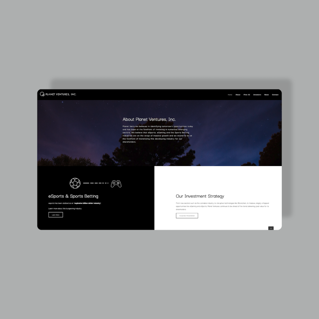 Planet Ventures eGame and Sports Investment Venture website web design mockup