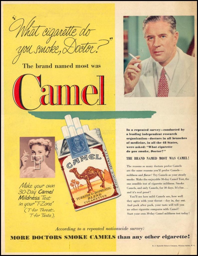 Camel Cigarette ad in a magazine promoting it as a doctor endorsed product